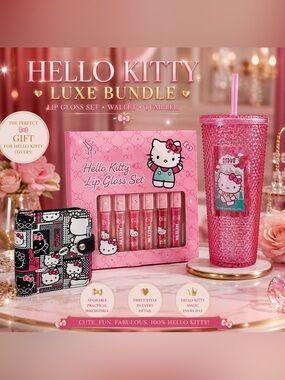 🎀 Hello Kitty Pink Beauty & Accessories Bundle – Lip Gloss, Wallet & Tumbler $75